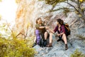 Group woman travelÃÂ  hiker adventure on mountain nature landscape.ÃÂ  Royalty Free Stock Photo